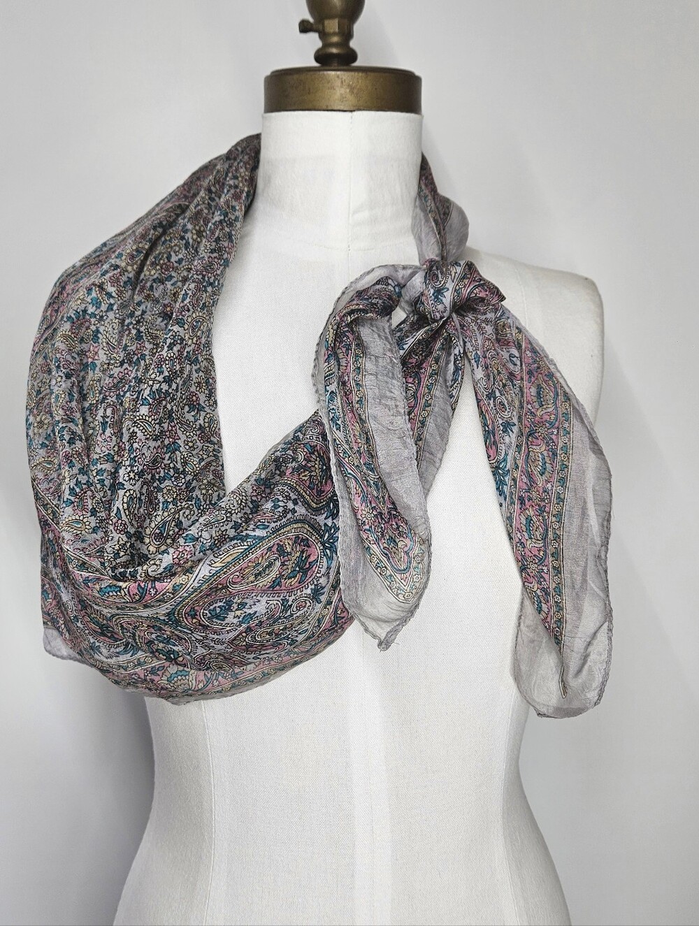 Scarf 38x39" Vintage 100% Pure Silk Paisley Square Made in India Sheer Grey Teal